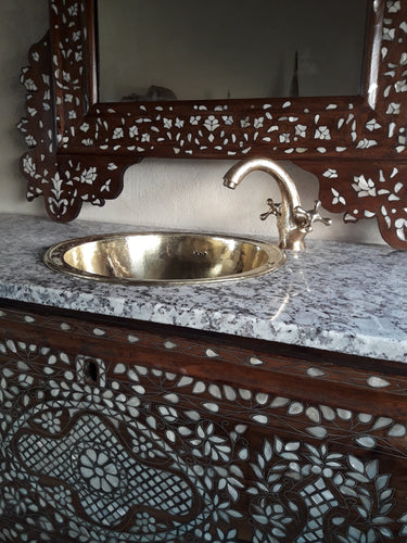 Antique syrian mother of pearl vanity sink with mirror & brass faucet